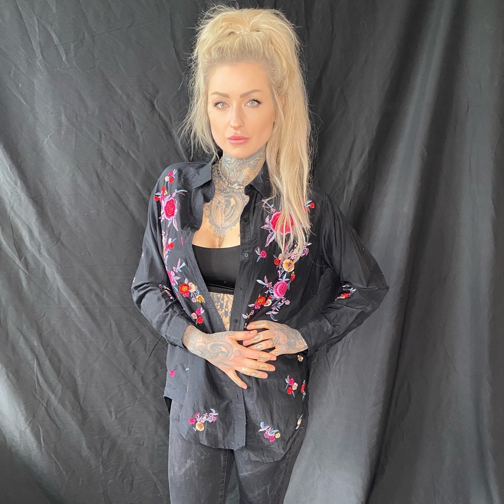 Floral Embroidered Button Down Blouse